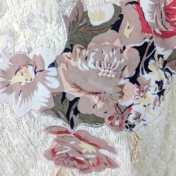 Vintage 80s Boucle Applique Rose Sweater Embellished Fairy Kei Kawaii Sz Large - Picture 2 of 12